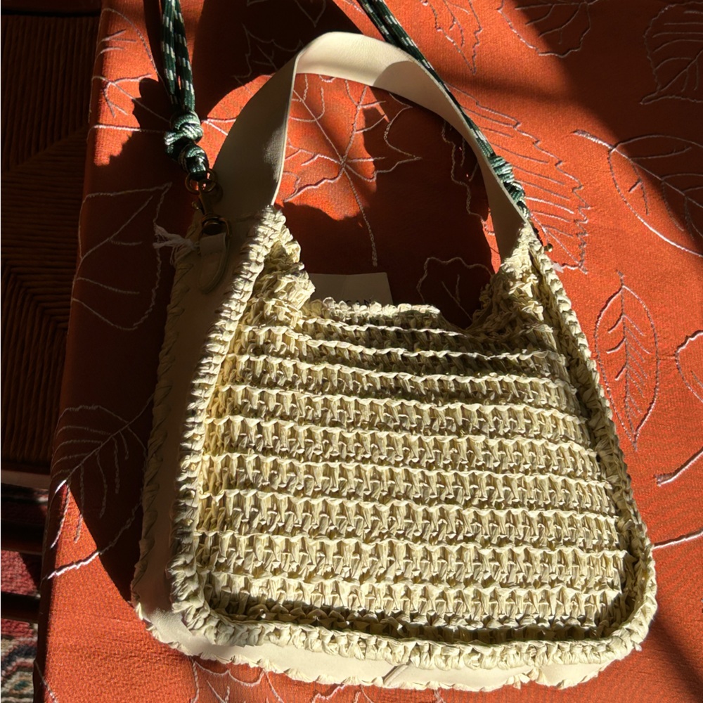 Cream Woven Hand + Shoulder Bag with Cream or Green Adjustable Strap NEW! - Picture 4 of 14
